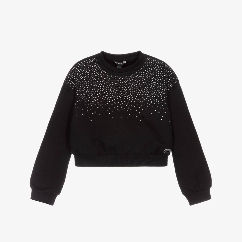 Guess-Girls Oversized Black Cotton Diamanté Sweatshirt | Childrensalon