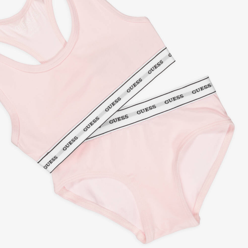 Guess-Girls Pale Pink Cotton Bra Top Knickers Set | Childrensalon