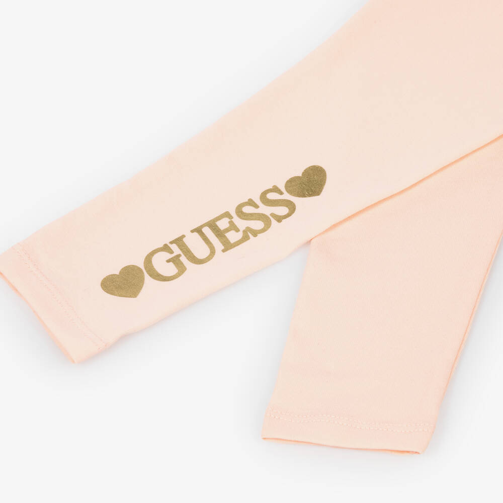 Guess-Girls Pale Pink Cotton Leggings with Gold Foil Logo | Childrensalon