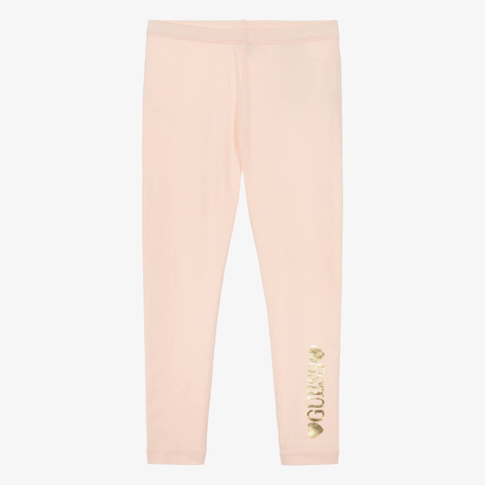 Guess-Girls Pale Pink Cotton Leggings with Gold Foil Logo | Childrensalon