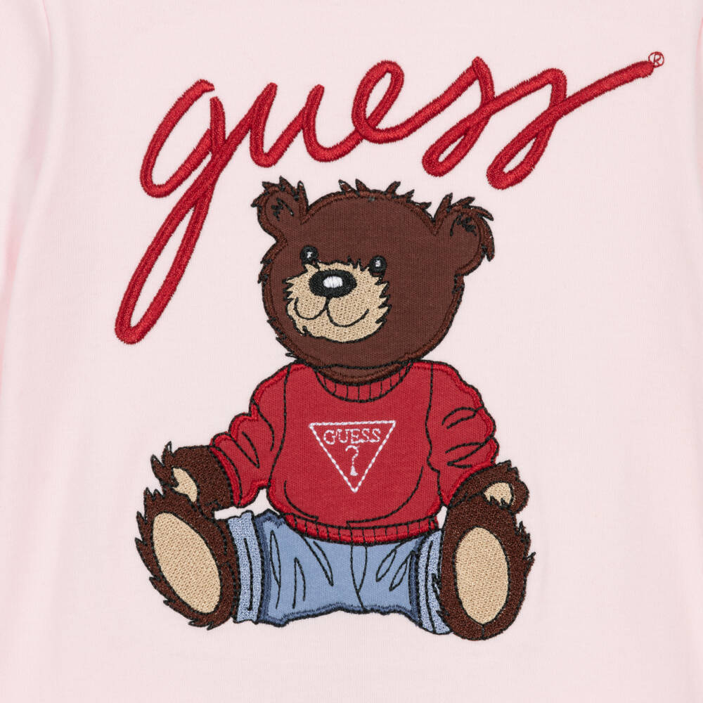 Guess-Girls Pale Pink Cotton Romper with Teddy Bear Motif | Childrensalon