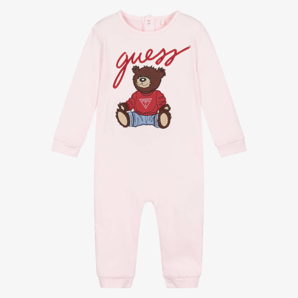 Guess-Girls Pale Pink Cotton Romper with Teddy Bear Motif | Childrensalon