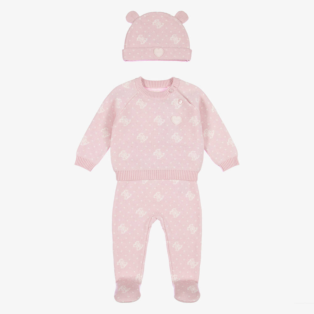 Guess-Girls Pale Pink Jacquard Knit Babysuit Set | Childrensalon