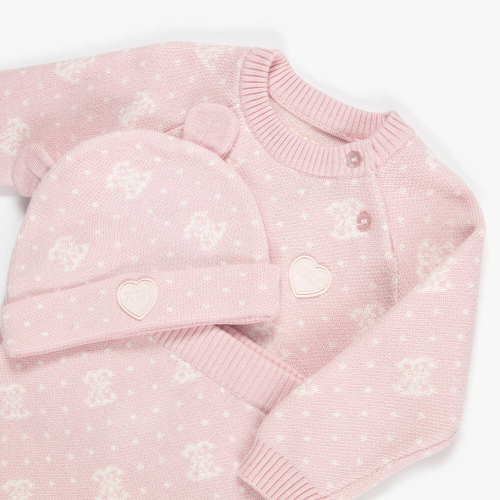 Guess-Girls Pale Pink Jacquard Knit Babysuit Set | Childrensalon