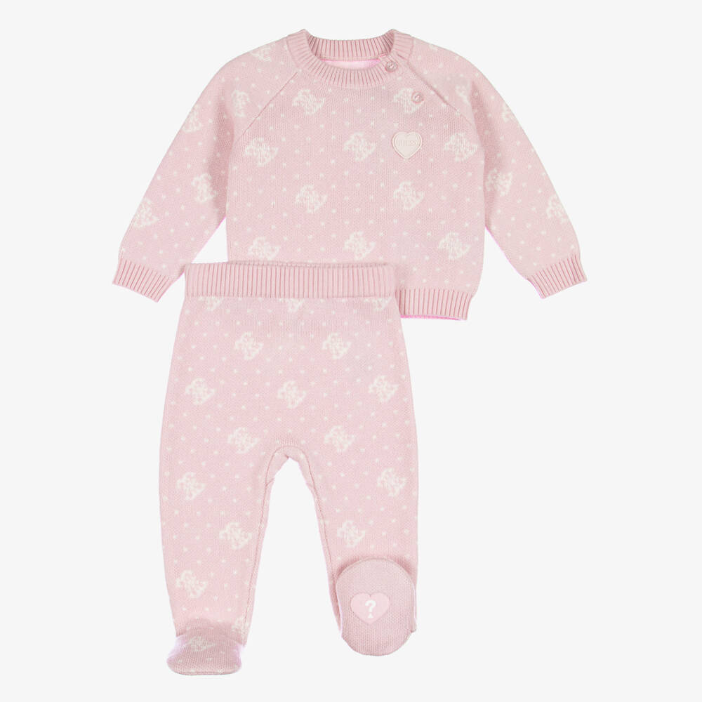 Guess-Girls Pale Pink Jacquard Knit Babysuit Set | Childrensalon