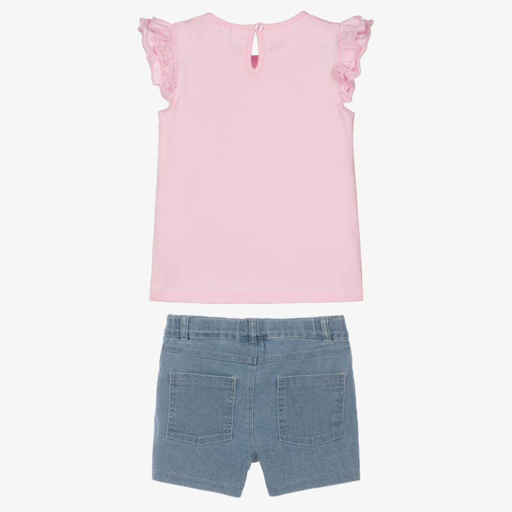 Guess-Girls Pink & Blue Denim Shorts Set with Embroideries | Childrensalon