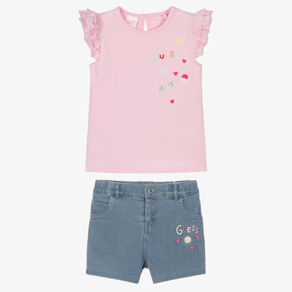 Guess-Girls Pink & Blue Denim Shorts Set with Embroideries | Childrensalon