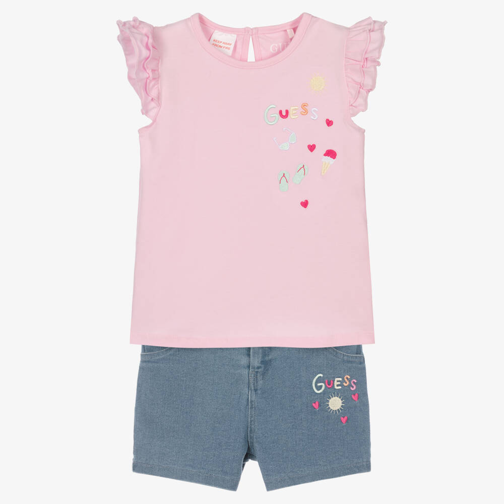 Guess-Girls Pink & Blue Denim Shorts Set with Embroideries | Childrensalon