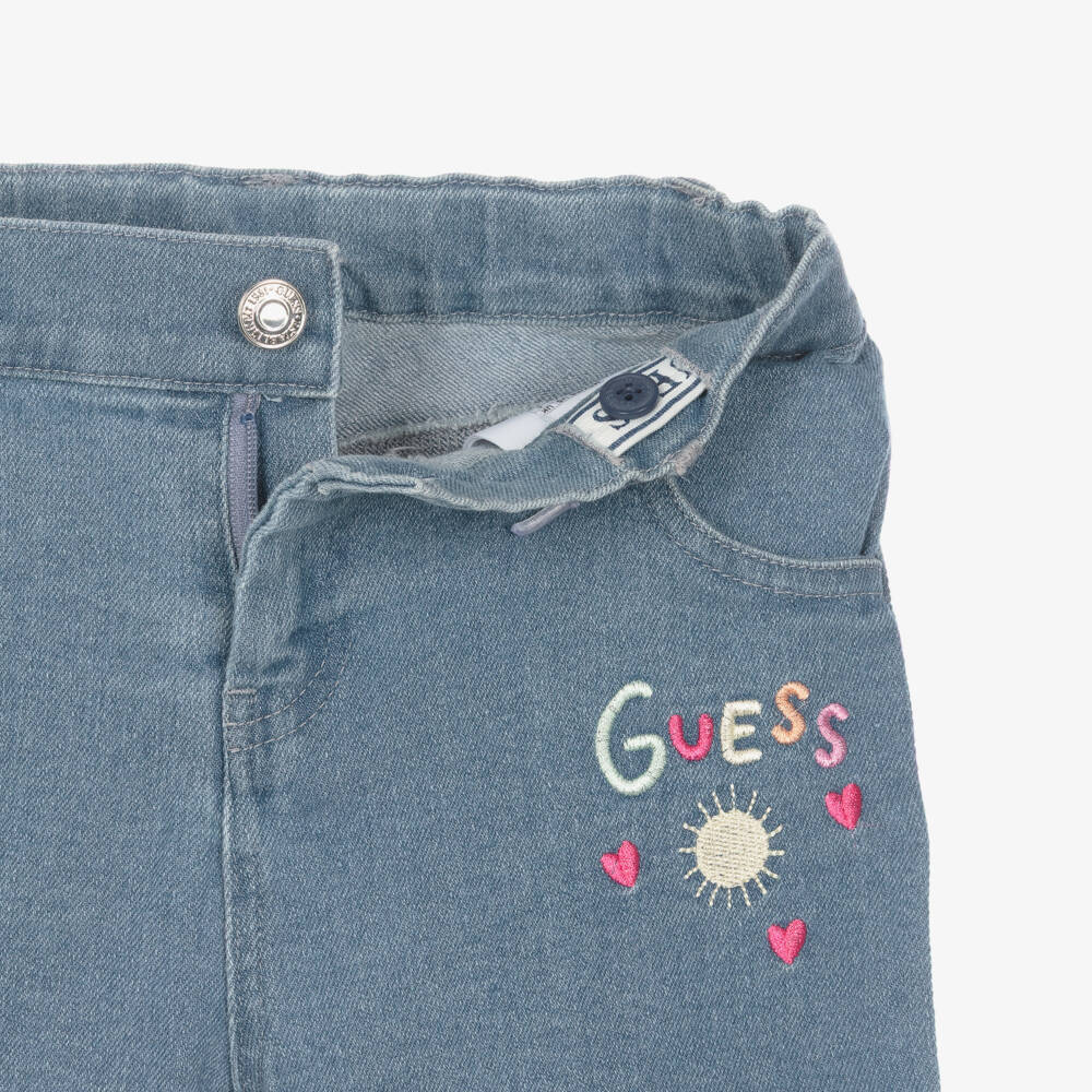 Guess-Girls Pink & Blue Denim Shorts Set with Embroideries | Childrensalon