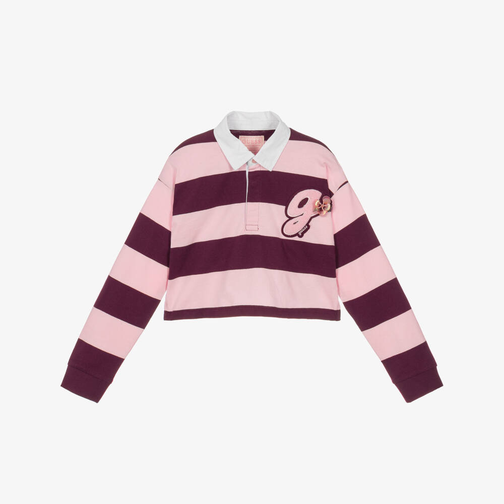Guess-Girls Pink & Burgundy Red Stripe Rugby Shirt | Childrensalon