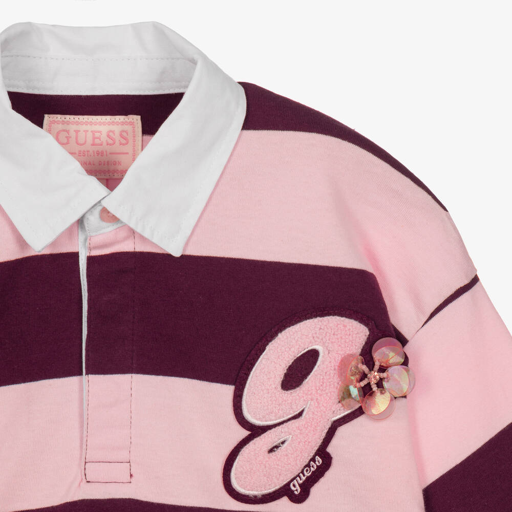 Guess-Girls Pink & Burgundy Red Stripe Rugby Shirt | Childrensalon