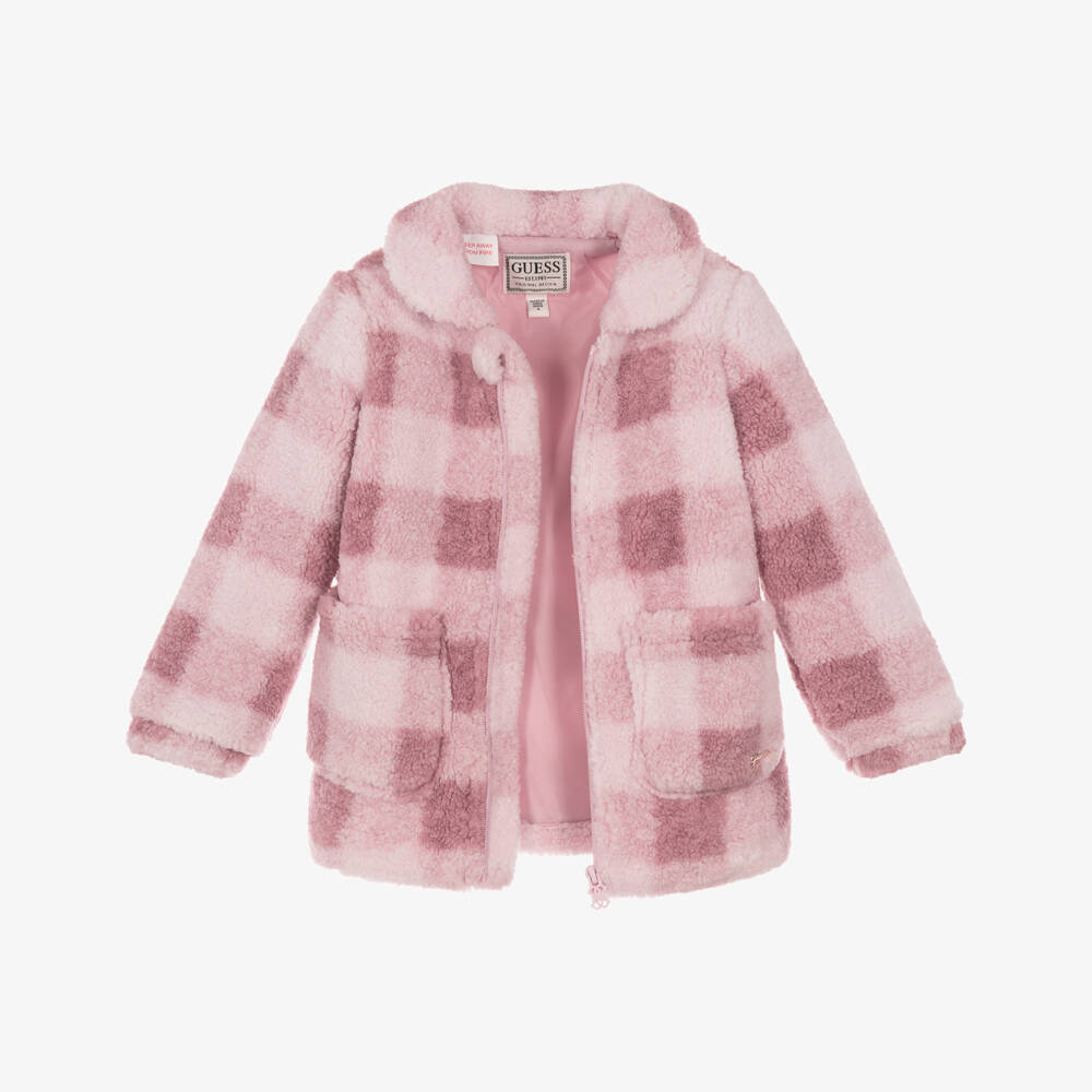 Guess-Girls Pink Check Sherpa Coat | Childrensalon
