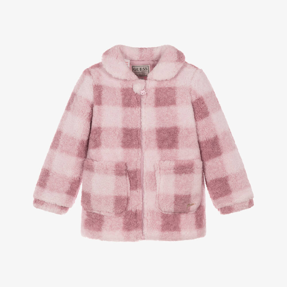 Guess-Girls Pink Check Sherpa Coat | Childrensalon