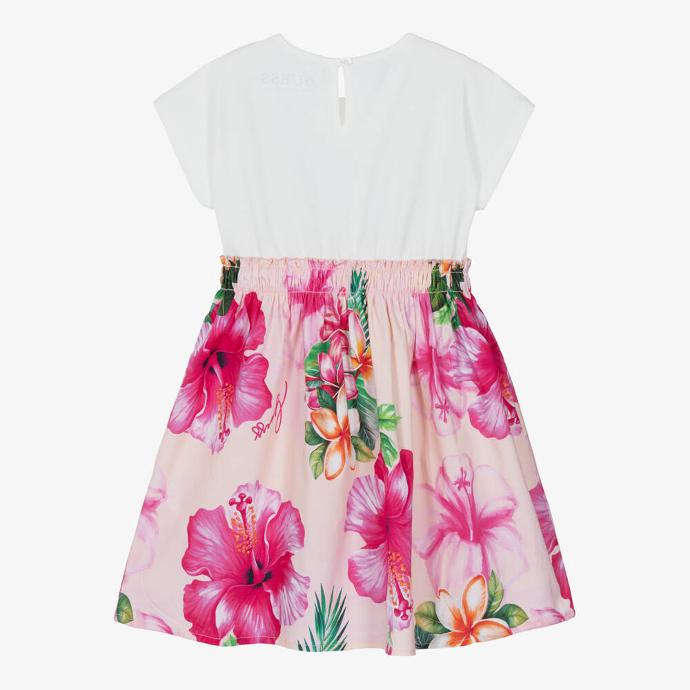 Guess-Girls Pink Cotton Dress with Hibiscus Print & Glittery Logo | Childrensalon