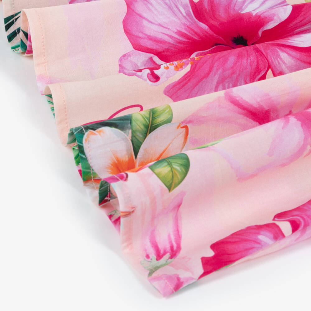 Guess-Girls Pink Cotton Dress with Hibiscus Print & Glittery Logo | Childrensalon