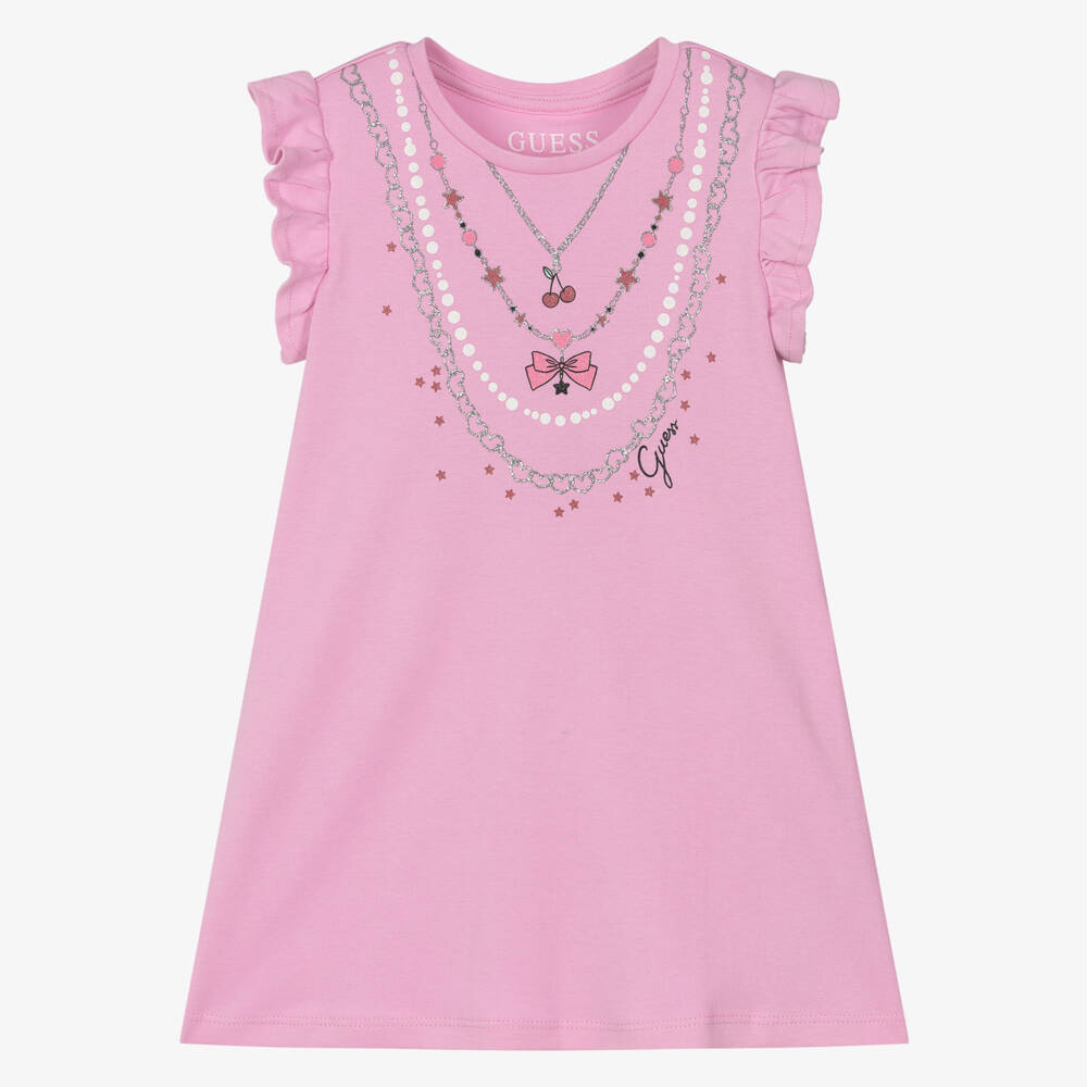 Guess-Girls Pink Cotton Dress with Necklace Print | Childrensalon