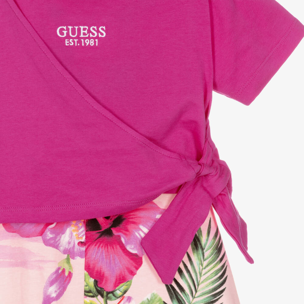 Guess-Girls Pink Cotton Jersey Dress with Hibiscus Print | Childrensalon