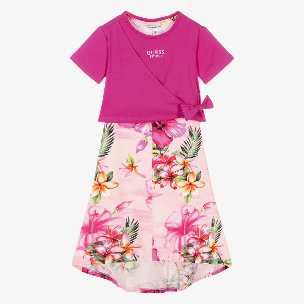 Guess-Girls Pink Cotton Jersey Dress with Hibiscus Print | Childrensalon