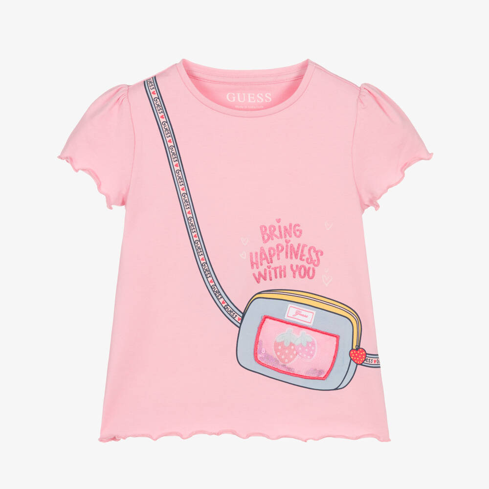 Guess-Girls Pink Cotton Jersey T-Shirt with Crossbody Bag Print | Childrensalon