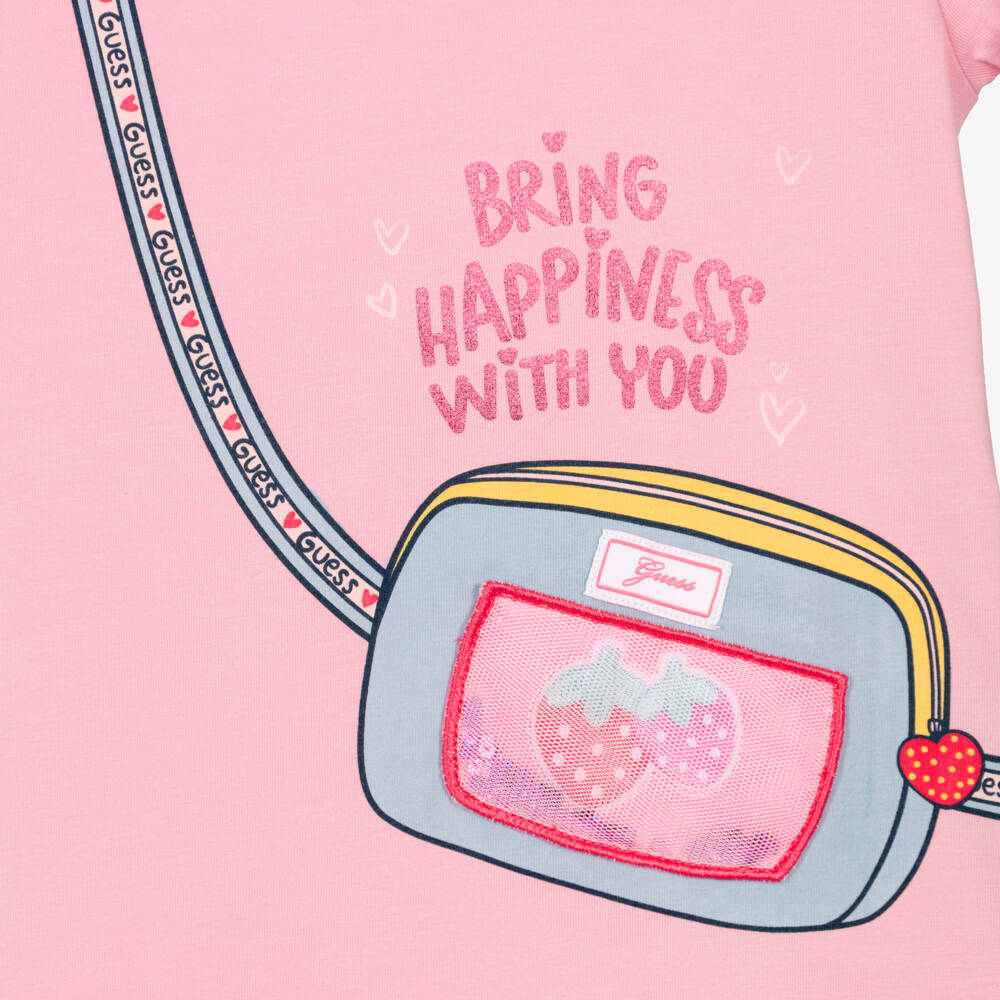 Guess-Girls Pink Cotton Jersey T-Shirt with Crossbody Bag Print | Childrensalon