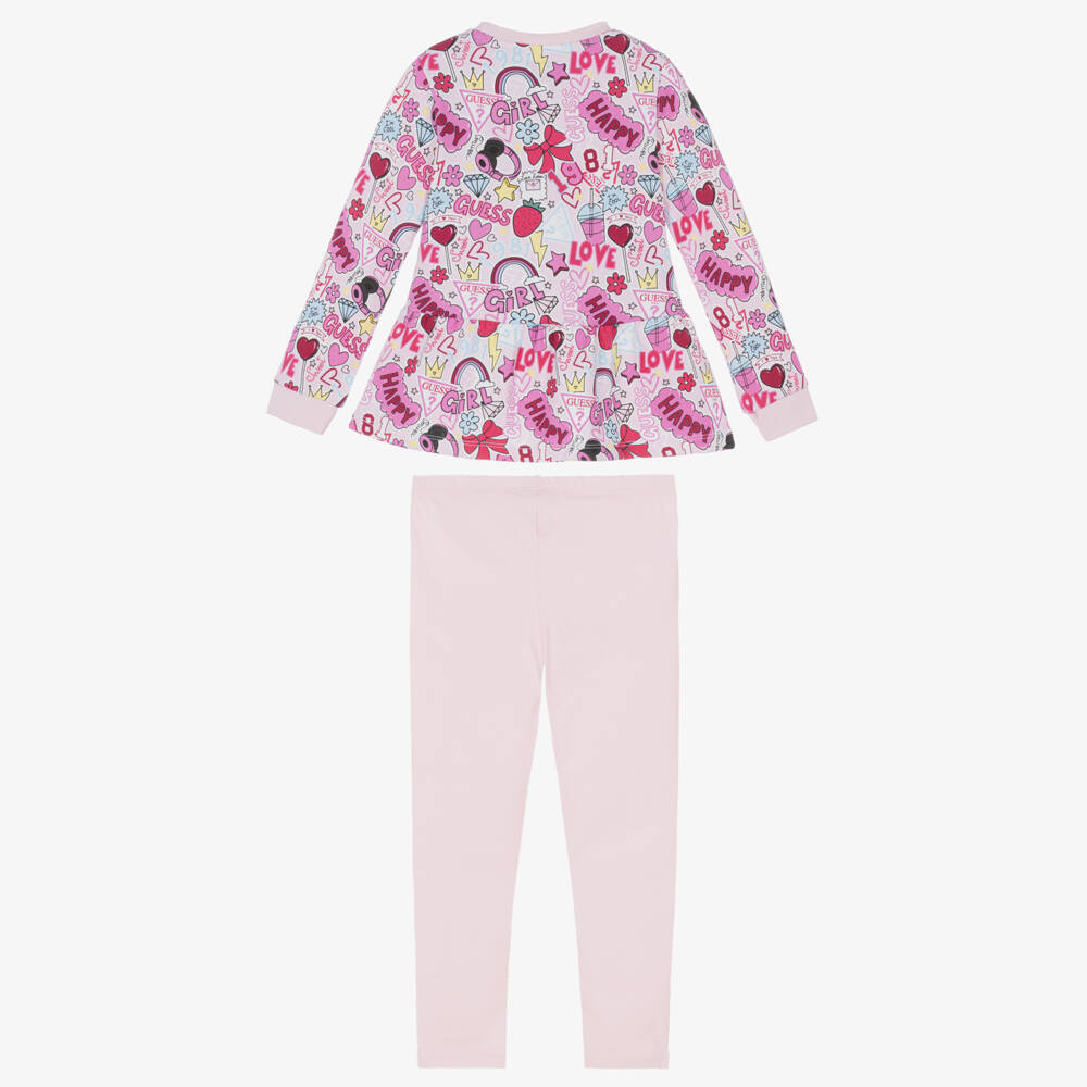 Guess-Girls Pink Cotton Leggings Set with Graphic Prints | Childrensalon