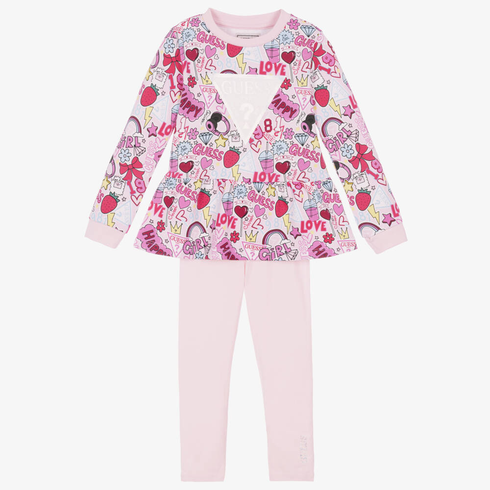 Guess-Girls Pink Cotton Leggings Set with Graphic Prints | Childrensalon