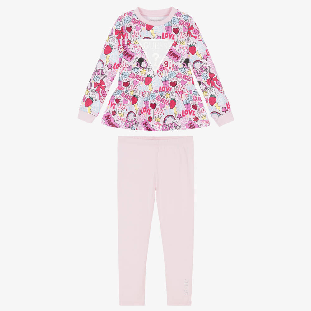 Guess-Girls Pink Cotton Leggings Set with Graphic Prints | Childrensalon