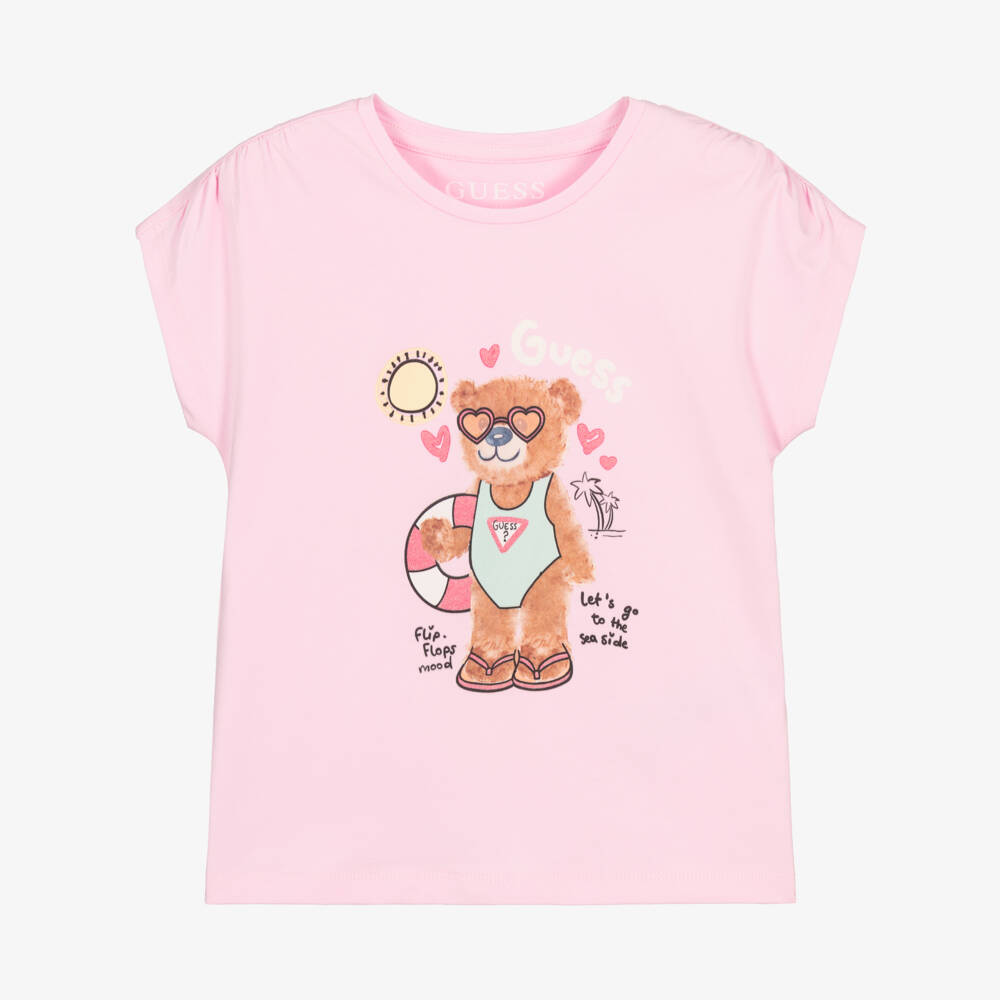 Guess-Girls Pink Cotton Logo Jersey T-Shirt with Summer Teddy Bear | Childrensalon