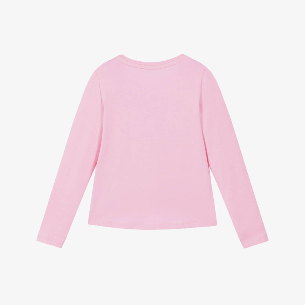 Guess-Girls Pink Cotton Long Sleeved Top with Sequin Logo | Childrensalon