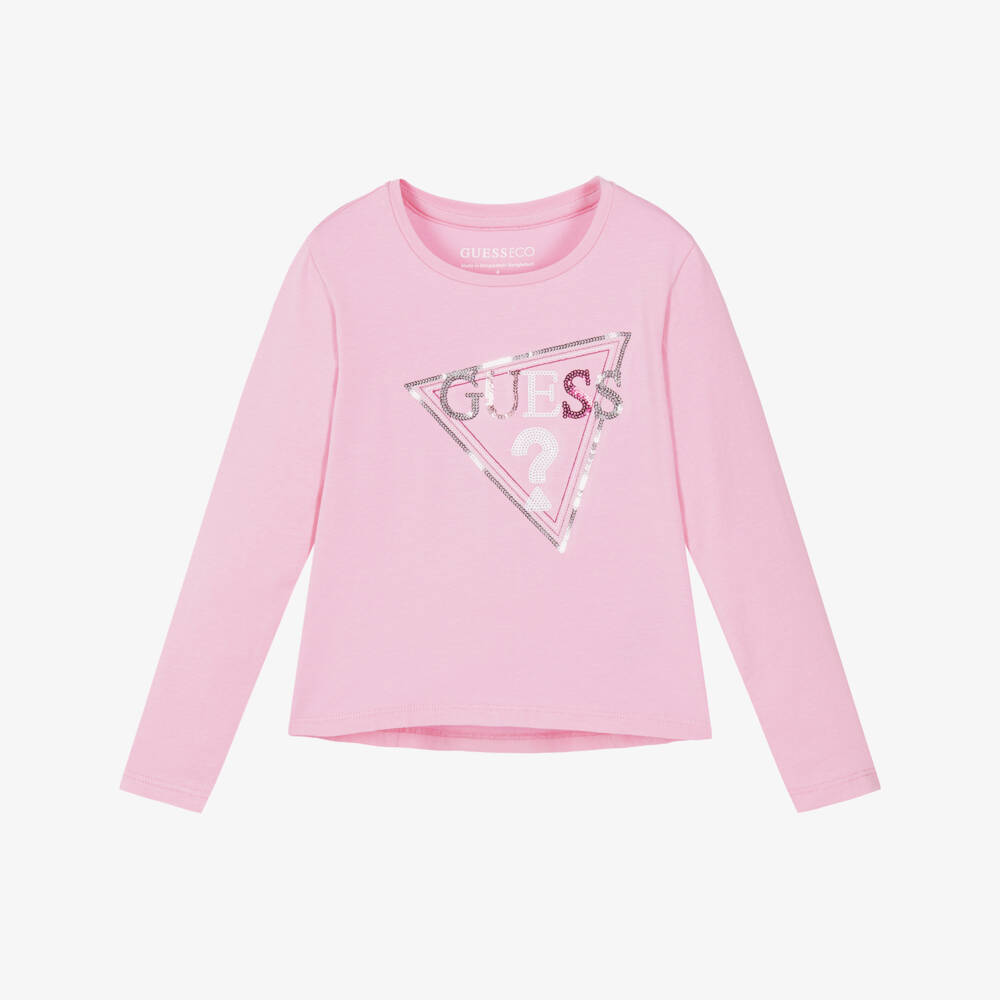 Guess-Girls Pink Cotton Long Sleeved Top with Sequin Logo | Childrensalon