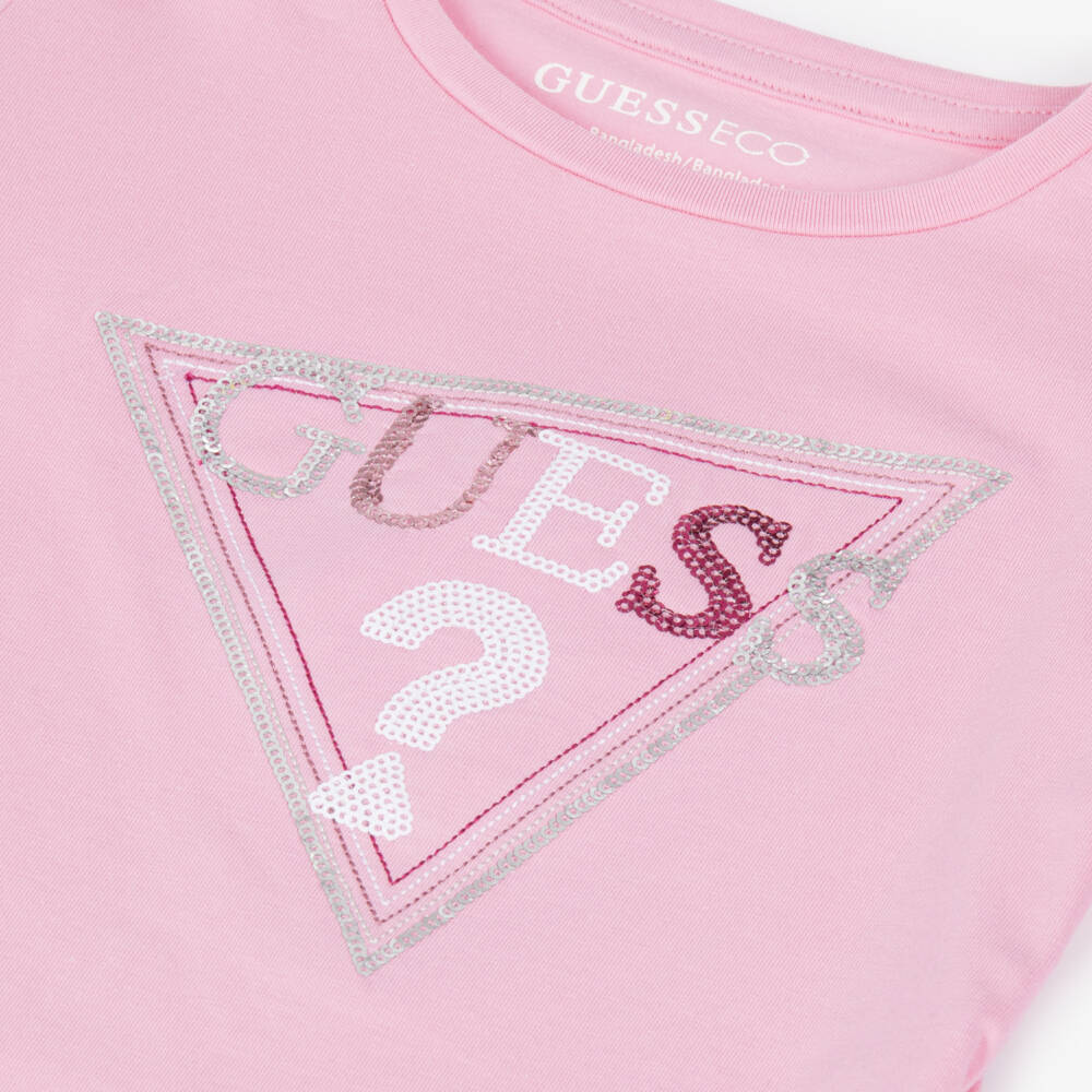 Guess-Girls Pink Cotton Long Sleeved Top with Sequin Logo | Childrensalon