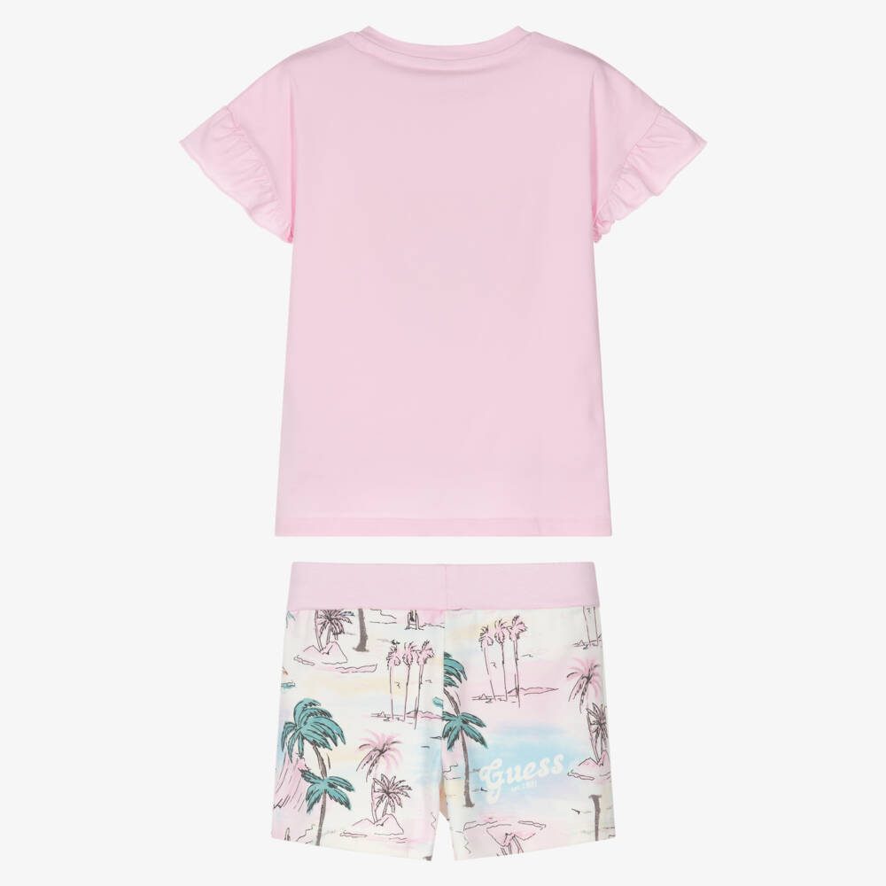 Guess-Girls Pink Cotton Palm Tree Print Shorts Set | Childrensalon