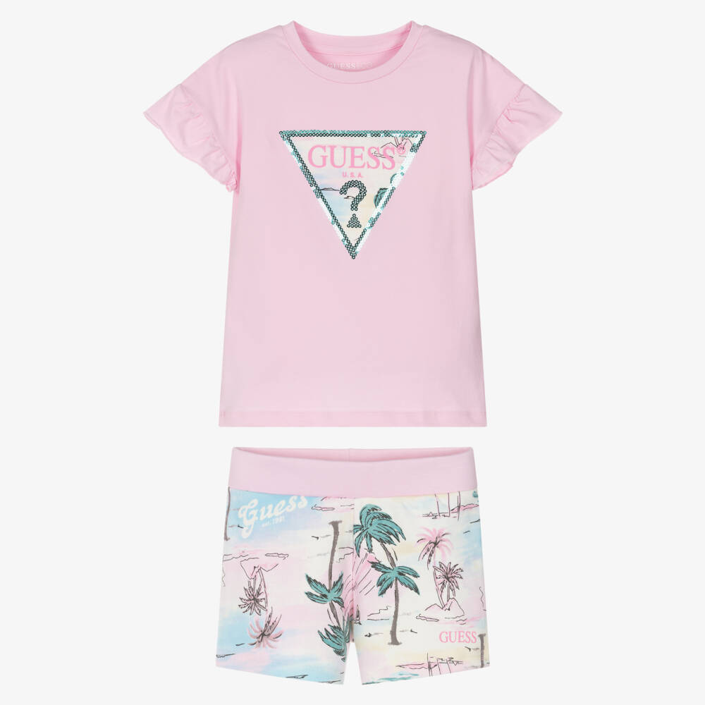 Guess-Girls Pink Cotton Palm Tree Print Shorts Set | Childrensalon