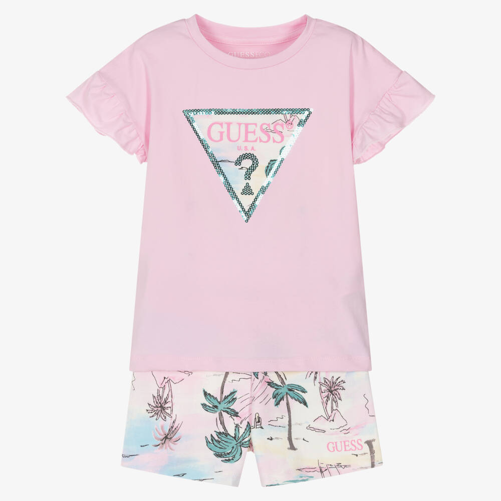 Guess-Girls Pink Cotton Palm Tree Print Shorts Set | Childrensalon