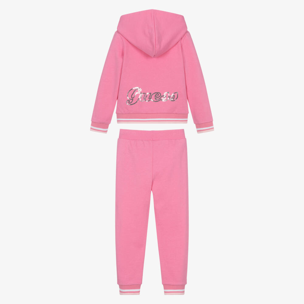 Guess-Girls Pink Cotton Sequin Logo Tracksuit | Childrensalon
