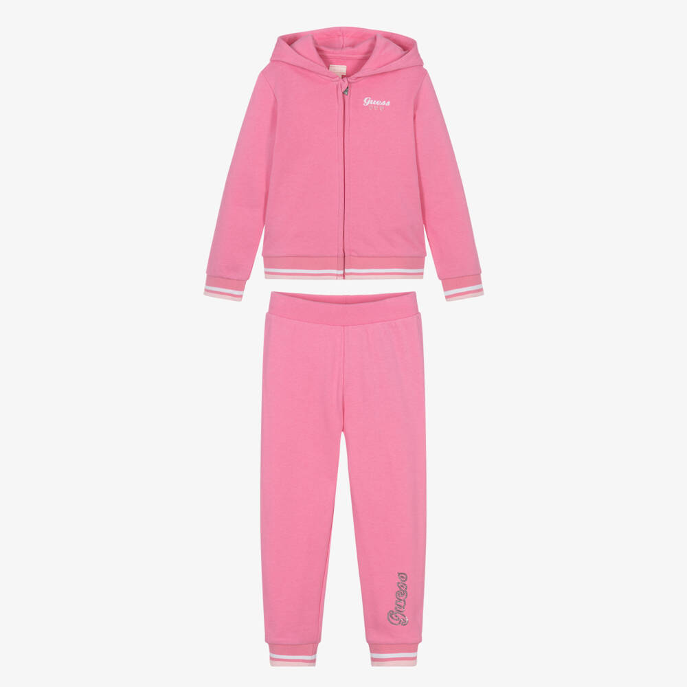 Guess-Girls Pink Cotton Sequin Logo Tracksuit | Childrensalon