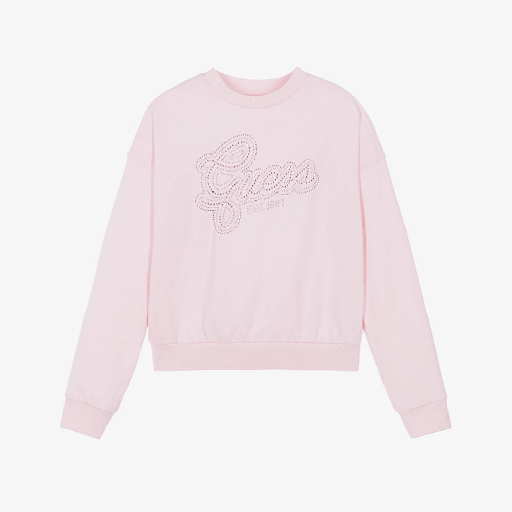 Guess-Girls Pink Cotton Sweatshirt with Rhinestone Logo | Childrensalon