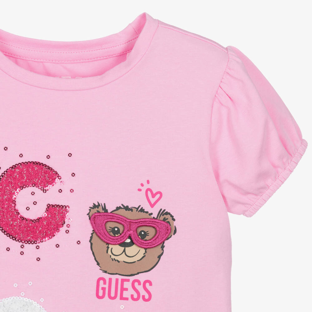 Guess-Girls Pink Cotton T-Shirt with Cool Bear Motif | Childrensalon