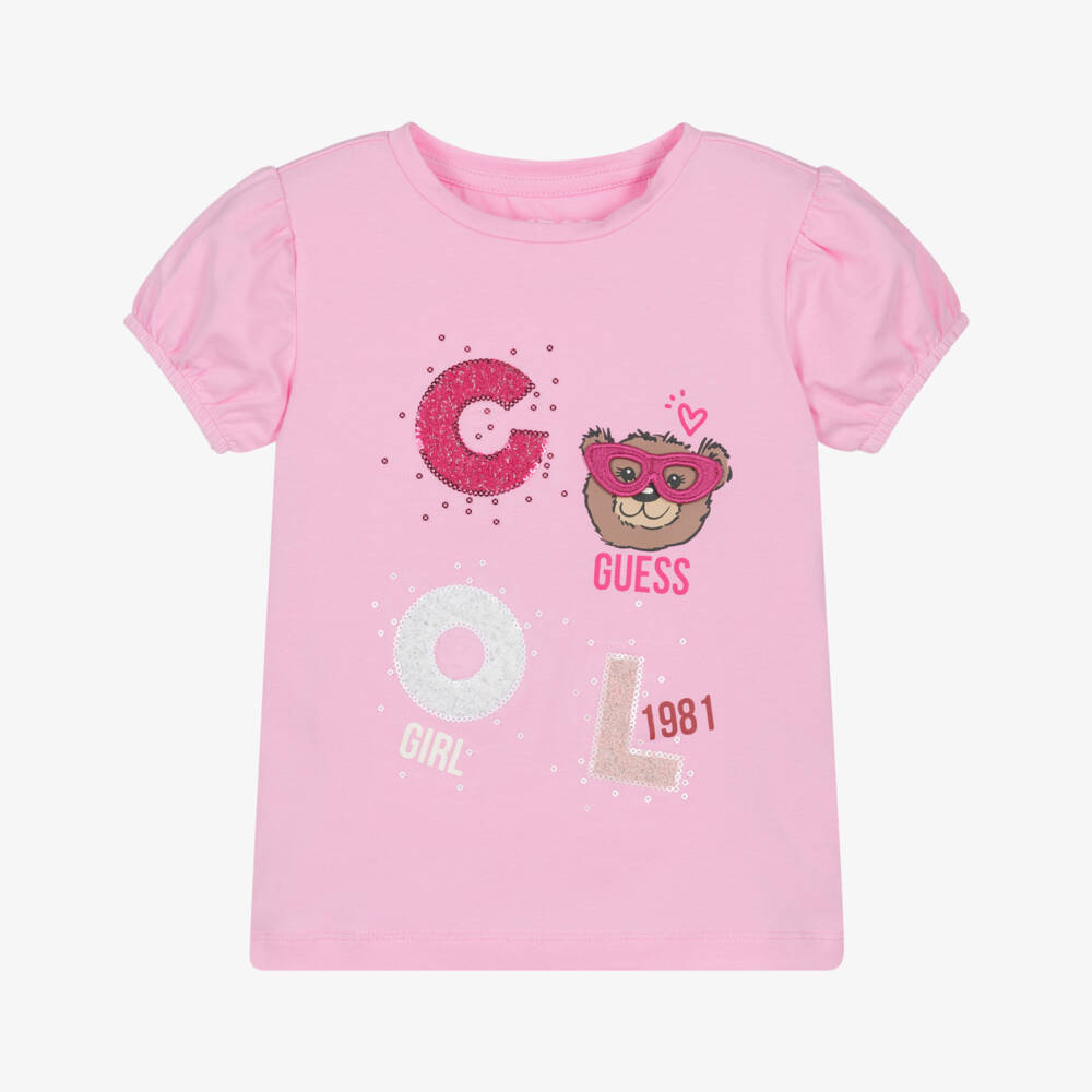 Guess-Girls Pink Cotton T-Shirt with Cool Bear Motif | Childrensalon