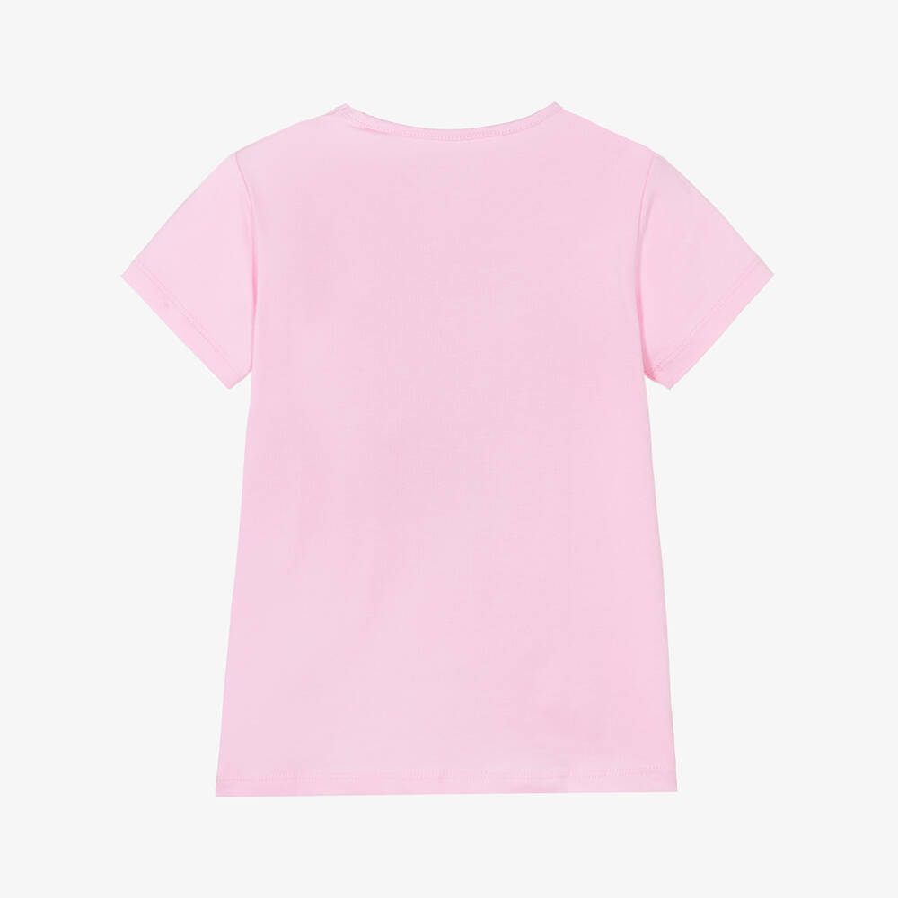 Guess-Girls Pink Cotton T-Shirt with Floral Triangle Logo | Childrensalon