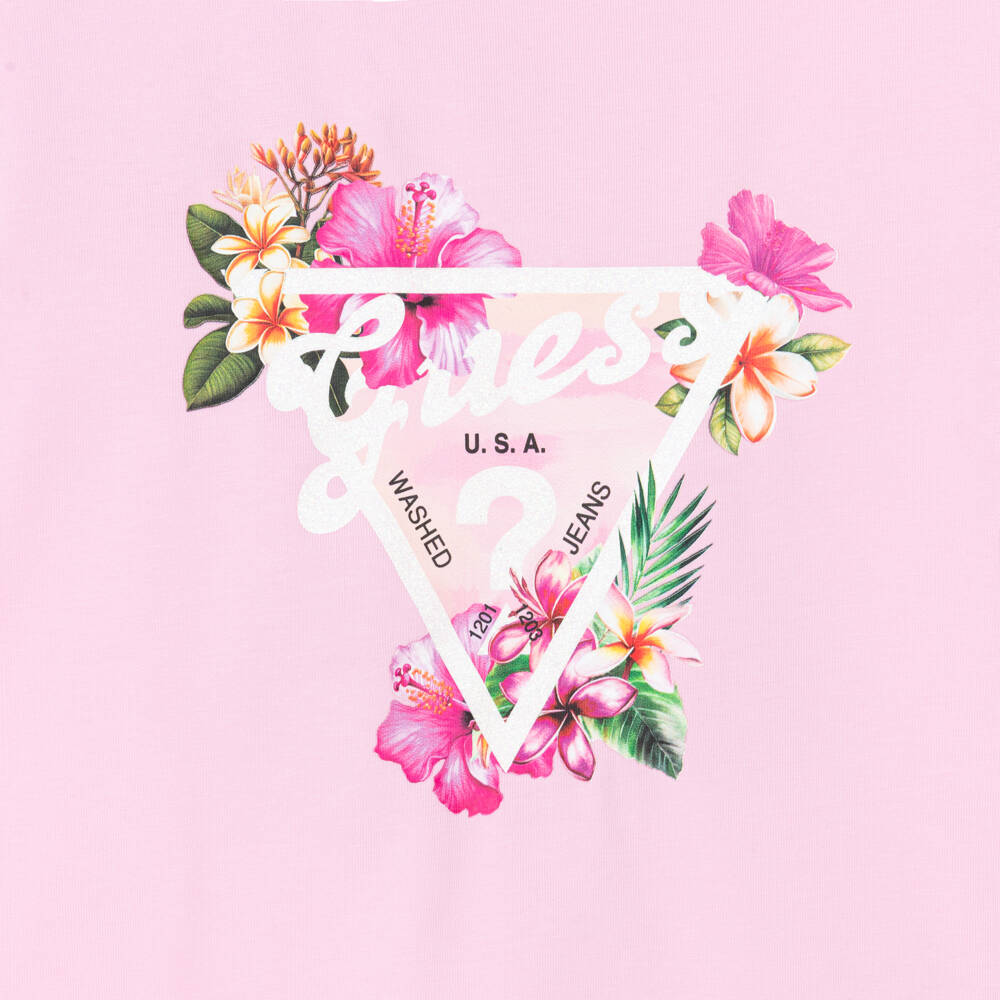 Guess-Girls Pink Cotton T-Shirt with Floral Triangle Logo | Childrensalon