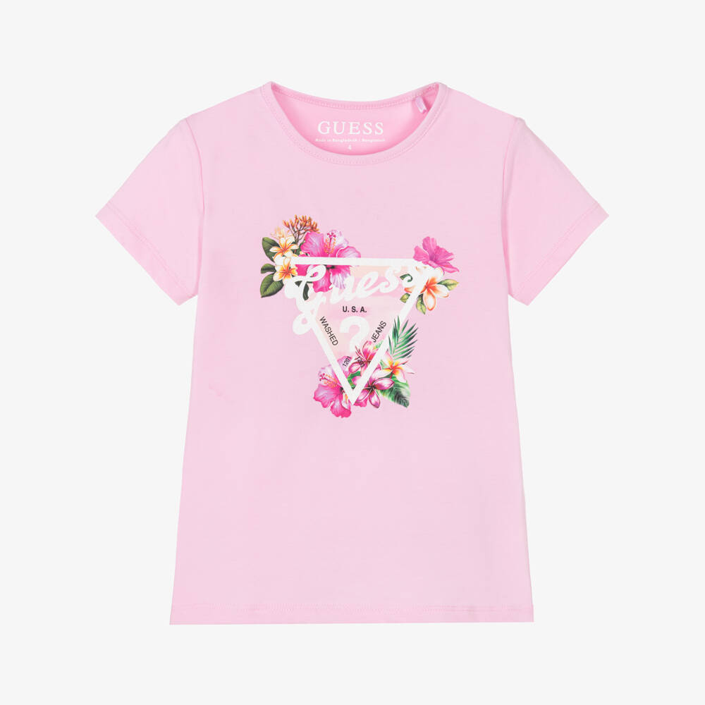 Guess-Girls Pink Cotton T-Shirt with Floral Triangle Logo | Childrensalon