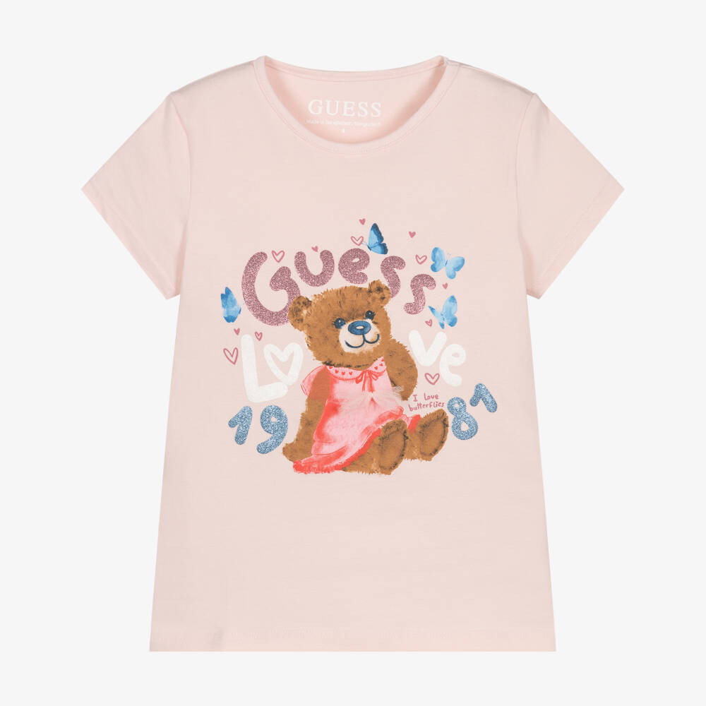Guess-Girls Pink Cotton T-Shirt with Teddy & Butterflies | Childrensalon