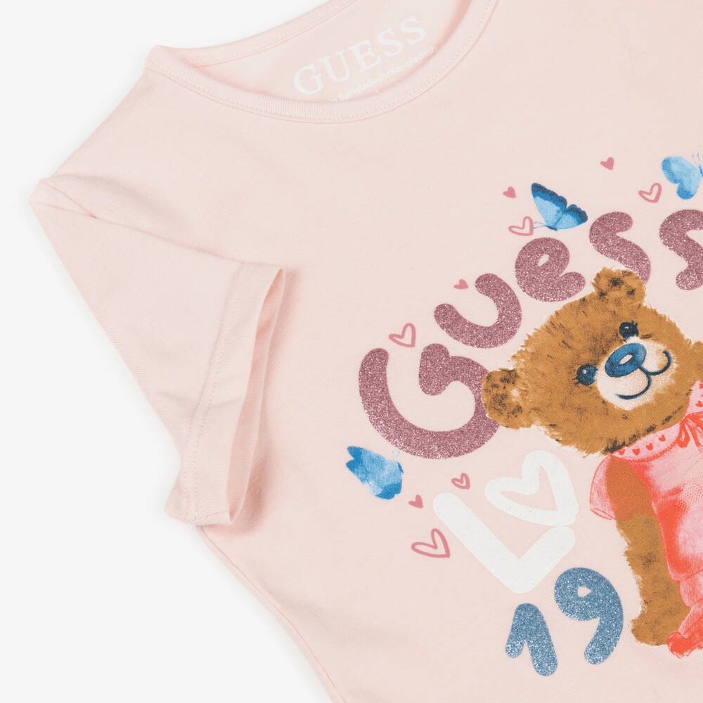 Guess-Girls Pink Cotton T-Shirt with Teddy & Butterflies | Childrensalon