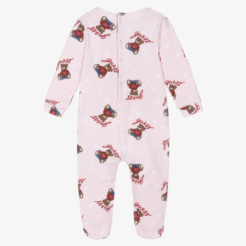 Guess-Girls Pink Cotton Teddy Bear Logo Print Babygrow | Childrensalon