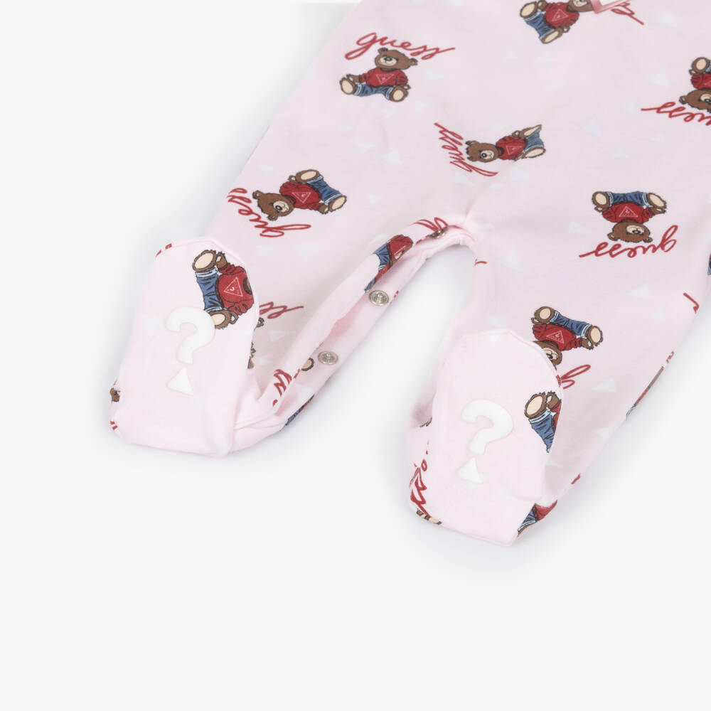 Guess-Girls Pink Cotton Teddy Bear Logo Print Babygrow | Childrensalon