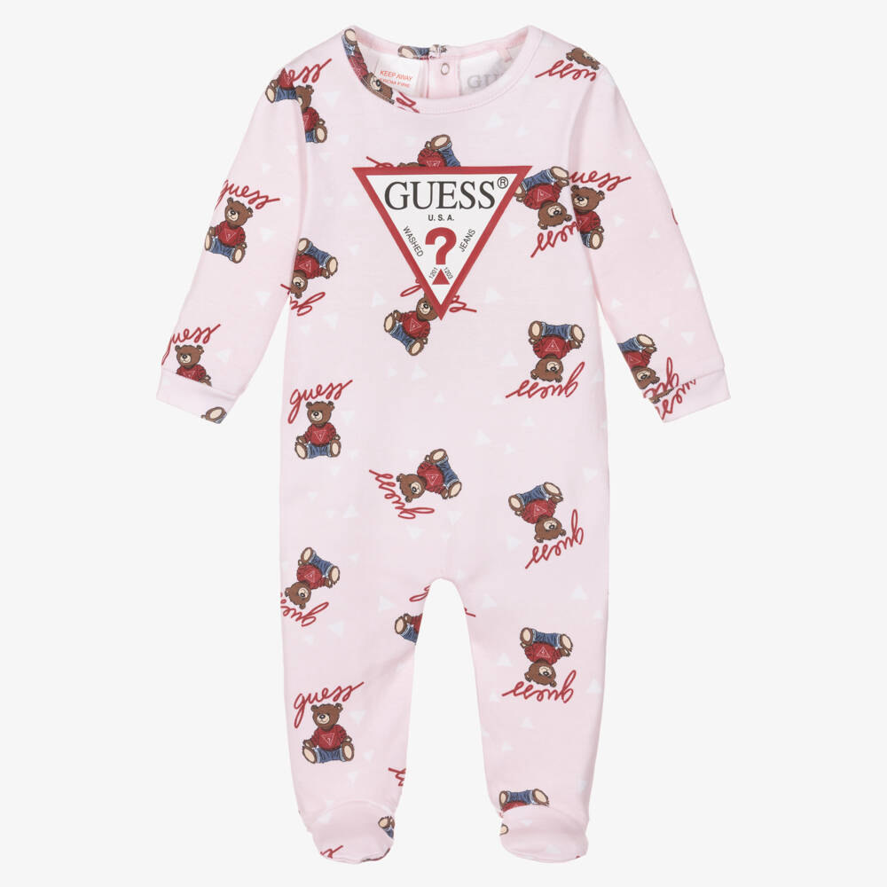 Guess-Girls Pink Cotton Teddy Bear Logo Print Babygrow | Childrensalon