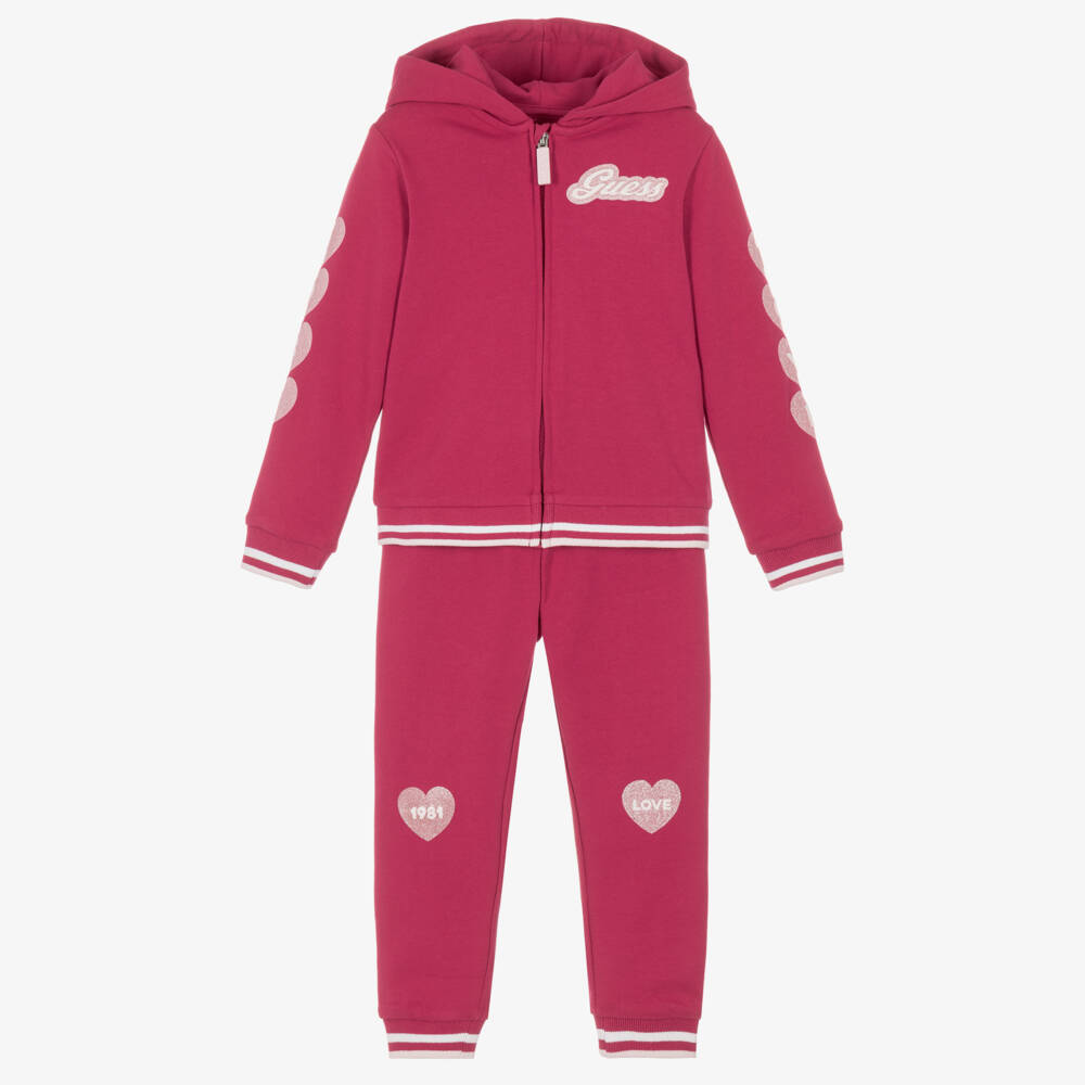 Guess-Girls Pink Cotton Tracksuit with Glittery Hearts | Childrensalon