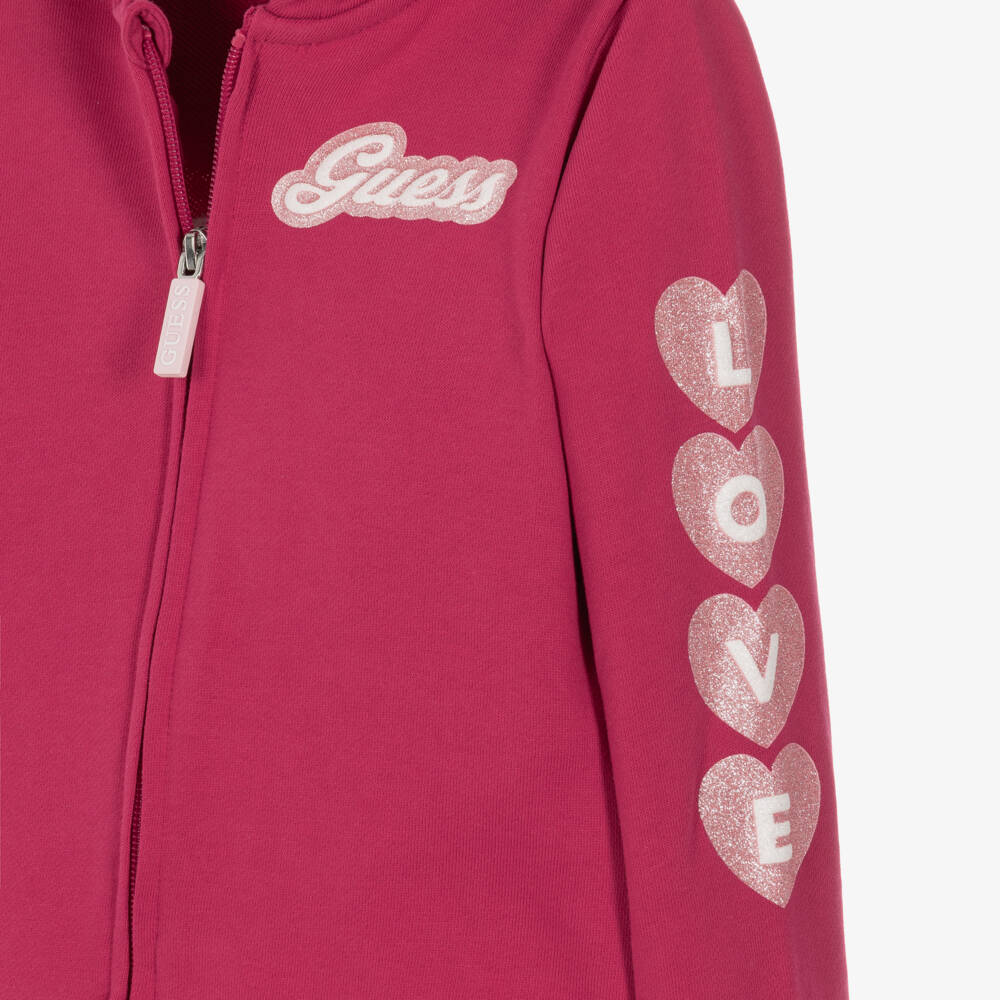 Guess-Girls Pink Cotton Tracksuit with Glittery Hearts | Childrensalon