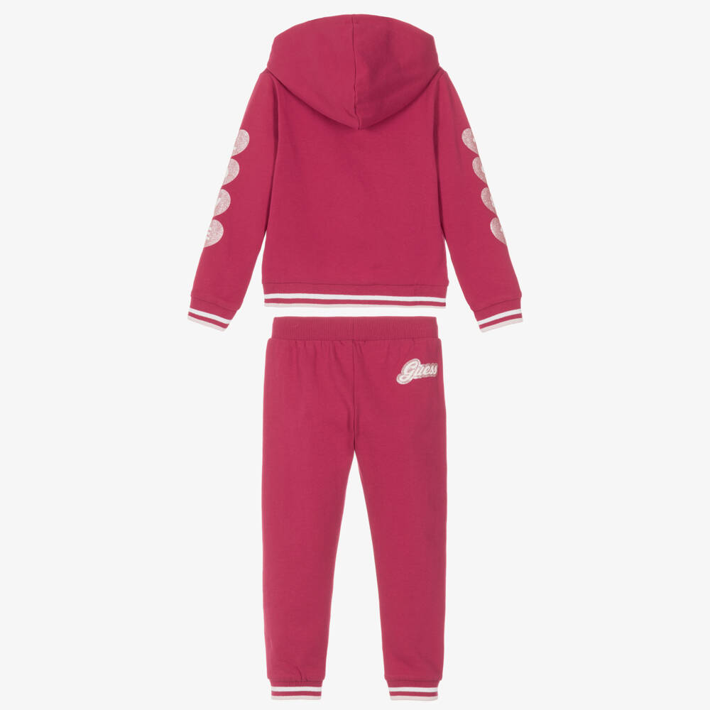 Guess-Girls Pink Cotton Tracksuit with Glittery Hearts | Childrensalon